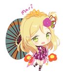 :d blonde_hair chibi commentary english_commentary eyebrows_visible_through_hair flower full_body green_eyes hair_flower hair_ornament hairclip head_tilt hitsukuya japanese_clothes kimono long_sleeves looking_at_viewer love_live! love_live!_sunshine!! ohara_mari open_mouth oriental_umbrella purple_flower purple_kimono short_hair smile solo standing standing_on_one_leg tied_hair umbrella 