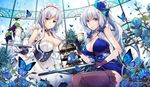  :d apron arm_guards azur_lane backlighting bangs bare_shoulders belfast_(azur_lane) black_gloves blue_butterfly blue_dress blue_eyes blue_flower blue_rose breasts cake chain cleavage closed_mouth collar corset cup dress dutch_angle elbow_gloves eyebrows_visible_through_hair flower food fruit gloves grapes greenhouse hair_flower hair_ornament hirai_yuzuki holding holding_cup holding_tray illustrious_(azur_lane) indoors lace lace-trimmed_thighhighs large_breasts leaning_forward long_hair looking_at_viewer maid_headdress multiple_girls open_mouth petals rainbow rose sash saucer shiny shiny_hair sitting sleeveless sleeveless_dress smile sunlight table teacup teapot thighhighs tiered_tray tray waist_apron white_apron white_gloves white_hair zettai_ryouiki 