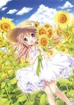  :d absurdres bare_shoulders blush brown_hair cloud collarbone day dress dutch_angle eyebrows_visible_through_hair flower hair_between_eyes hat highres holding holding_flower long_hair looking_at_viewer nanase_miori open_mouth original outdoors purple_eyes scan sky sleeveless sleeveless_dress smile solo standing straw_hat sundress sunflower white_dress 