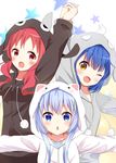  :o ;d absurdres animal_hood arm_up blue_eyes blue_hair blush bunny_hood chestnut_mouth commentary_request drawstring fang gochuumon_wa_usagi_desu_ka? hair_ornament highres holding_hands hood jouga_maya kafuu_chino kousaka_nobaku looking_at_viewer multiple_girls natsu_megumi one_eye_closed open_mouth outstretched_arms pajamas pom_pom_(clothes) red_eyes red_hair smile star starry_background x_hair_ornament yellow_eyes 