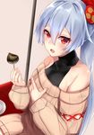  absurdres bare_shoulders casual chestnut chocolate fate/grand_order fate_(series) highres mitsudomoe_(shape) nanakaku off-shoulder_sweater ponytail red_eyes ribbed_sweater silver_hair solo sweater tomoe_(symbol) tomoe_gozen_(fate/grand_order) 