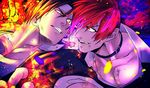  bad_id bad_pixiv_id brown_hair choker confrontation es_(yaoi) faceoff fighting fire gakuran headband highres kusanagi_kyou multiple_boys purple_fire pyrokinesis red_hair school_uniform teeth the_king_of_fighters yagami_iori 