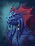  anthro blue_scales dragon male red_eyes scales simple_background skitalets smile solo teeth 