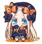  abigail_williams_(fate/grand_order) bangs black_bow black_dress black_footwear black_hat blonde_hair bloomers blue_eyes blush bow bug butterfly chibi closed_mouth commentary_request dress eyebrows_visible_through_hair eyes_visible_through_hair fate/grand_order fate_(series) forehead full_body hair_bow hat insect long_hair long_sleeves looking_at_viewer mary_janes object_hug orange_bow parted_bangs polka_dot polka_dot_bow shoes sleeves_past_fingers sleeves_past_wrists solo standing stuffed_animal stuffed_toy teddy_bear twitter_username underwear very_long_hair white_background white_bloomers yakiguri 