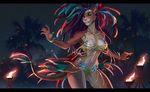  2018 5_fingers anthro black_bars breasts brown_eyes brown_fur dancing detailed_background digital_media_(artwork) feathers feline female fur hair lion mammal melloque night outside purple_hair showgirl smile solo tan_fur 