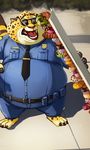  anthro benjamin_clawhauser cheetah clothing disney doughnut eyewear falling feline food inubiko low_res male mammal open_mouth overweight overweight_male police_uniform shocked solo sunglasses uniform zootopia 