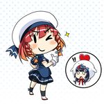  bike_shorts blue_skirt bob_cut braid chibi chicken_hat employee_uniform etorofu_(kantai_collection) fairy_(kantai_collection) gloves hat kantai_collection lawson mascot_head matsuwa_(kantai_collection) multiple_girls one_eye_closed parody pleated_skirt polka_dot polka_dot_background red_hair sailor_hat shorts shorts_under_skirt sidelocks skirt solid_oval_eyes solo_focus style_parody thumbs_up tk8d32 twin_braids uniform white_background white_gloves 