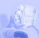  4chan armchair blue blue_background bored chair chin_rest closed_mouth commentary_request darling_in_the_franxx eyebrows_visible_through_hair hairband hand_up highres holographic_interface horns imageboard jacket long_hair long_sleeves monochrome pantyhose reading simple_background sitting solo viperxtr zero_two_(darling_in_the_franxx) 