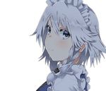  blue_eyes blush braid commentary_request eyebrows_visible_through_hair frills hair_between_eyes highres izayoi_sakuya kz_oji looking_at_viewer maid_headdress short_hair silver_hair simple_background smile solo touhou twin_braids upper_body white_background 