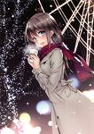  :d absurdres ayase_hazuki blue_eyes blush breath brown_hair coat coffee_cup cup disposable_cup ferris_wheel grey_coat hair_between_eyes highres holding long_hair looking_at_viewer night open_mouth original outdoors red_scarf scarf smile solo standing steam 