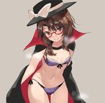  ass_visible_through_thighs asuzemu bikini black_hat bow breasts brown_eyes brown_hair cape cleavage glasses grey_background hat hat_bow looking_at_viewer low_twintails navel plaid plaid_bikini purple_bikini red-framed_eyewear semi-rimless_eyewear side-tie_bikini simple_background small_breasts smile solo swimsuit thigh_gap top_hat touhou twintails under-rim_eyewear usami_sumireko white_bow 