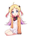  :o bangs black_bow black_shirt blonde_hair blue_eyes blush bow cardigan charlotte_izoard collared_shirt commentary_request dress eyebrows_visible_through_hair full_body gradient_hair hair_bow head_tilt highres long_hair looking_at_viewer multicolored_hair parted_lips purple_hair red_neckwear ryuuou_no_oshigoto! set_(vrkdgus1) shirt simple_background sitting solo two_side_up very_long_hair white_background white_dress yokozuwari 