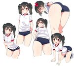  :d all_fours arms_behind_back ass bare_legs bent_over black_hair blue_buruma breasts buruma commentary cropped_legs gym_uniform hair_ribbon kurokawa_makoto leaning_forward looking_at_viewer love_live! love_live!_school_idol_project multiple_views open_mouth red_eyes red_ribbon ribbon shoes short_sleeves simple_background small_breasts smile socks twintails white_background white_footwear yazawa_nico 