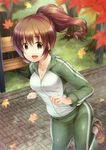  :d absurdres autumn_leaves breasts brown_eyes brown_hair cleavage collarbone eyebrows_visible_through_hair floating_hair green_jacket green_pants gym_uniform hair_between_eyes highres jacket long_hair medium_breasts ment open_mouth original outdoors pants partially_unzipped ponytail running smile solo track_suit white_legwear 