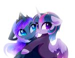  2018 blue_eyes clothed clothing cosmic_hair digital_media_(artwork) duo equine feathered_wings feathers female feral friendship_is_magic hair horn magnaluna mammal my_little_pony princess_luna_(mlp) purple_eyes purple_feathers purple_hair simple_background smile twilight_sparkle_(mlp) white_background winged_unicorn wings 