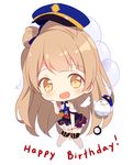  :d bare_shoulders black_legwear blue_neckwear blush brown_hair chibi clock commentary english_commentary frilled_skirt frills gloves hand_up happy_birthday hat hitsukuya knees_together_feet_apart long_hair looking_at_viewer love_live! love_live!_school_idol_project minami_kotori necktie open_mouth peaked_cap short_sleeves simple_background single_glove skirt smile solo stuffed_animal stuffed_toy thighhighs white_background white_gloves yellow_eyes 