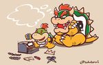  absurdres black_eyes bowser bowser_jr. cardboard crossed_arms fang father_and_son highres instrument joy-con male_focus mario_(series) monjaosu multiple_boys nintendo nintendo_labo nintendo_switch no_humans piano red_eyes scissors simple_background sitting super_mario_bros. tan_background thought_bubble twitter_username 