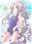  akino_coto animal_ears bird blue_eyes cat_ears cat_tail chicken contrapposto cowboy_shot drill_hair flat_chest highres looking_at_viewer one-piece_swimsuit original ponytail revision school_swimsuit silver_hair solo standing swimsuit tail water 