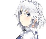  blue_eyes braid commentary_request eyebrows_visible_through_hair frills hair_between_eyes highres izayoi_sakuya kz_oji looking_at_viewer maid_headdress short_hair silver_hair simple_background smile solo touhou twin_braids upper_body white_background 