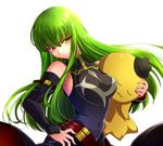  bangs bare_shoulders bouquetforangel breasts c.c. code_geass commentary_request covered_navel detached_sleeves green_eyes green_hair halterneck hand_on_hip head_tilt highres long_hair looking_at_viewer medium_breasts shiny shiny_hair solo standing sunlight 