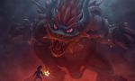  2018 absurd_res anthro battle belly_scales biped bowser bracelet clothed clothing collar crouching curved_horns dark_theme detailed detailed_scales digital_media_(artwork) digital_painting_(artwork) duo fight fighting_stance fog free4fire giga_bowser gloves glowing gradient_background grey_background hair hat hi_res holding_object human intense jewelry koopa lighting looking_down macro male mammal mario mario_bros nintendo nude open_mouth overalls red_background red_eyes red_hair red_theme roaring scales scalie shadow sharp_teeth shell shirt simple_background slit_pupils spiked_bracelet spiked_collar spiked_shell spikes standing star super_smash_bros teeth video_games 