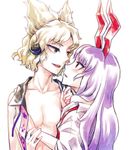  animal_ears blonde_hair blush bunny_ears commentary_request earmuffs face-to-face long_hair looking_at_another meimaru_inuchiyo multiple_girls open_clothes open_shirt purple_hair red_eyes reisen_udongein_inaba shirt short_hair touhou toyosatomimi_no_miko yellow_eyes yuri 