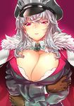  azur_lane blush breasts brown_gloves cape chiha_(abo_ecm_mk25) choker collared_shirt crossed_arms eyebrows_visible_through_hair fur_trim gloves graf_zeppelin_(azur_lane) hair_between_eyes hat head_tilt huge_breasts iron_cross looking_at_viewer parted_lips peaked_cap pink_background pink_eyes shirt silver_hair solo upper_body white_shirt wing_collar 
