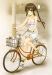  bad_id bad_pixiv_id bag bangs bare_arms bare_legs bare_shoulders bicycle bicycle_basket blurry blurry_background blush bottle brown_eyes brown_footwear brown_hair bug closed_mouth collarbone day depth_of_field dragonfly dress eighth_note eyebrows_visible_through_hair flat_chest full_body ground_vehicle highres insect k-on! long_hair men'youjan musical_note nakano_azusa nose_blush outdoors pole print_dress riding road sandals sepia shiny shiny_hair shopping_bag sidelocks sitting sleeveless sleeveless_dress smile solo speech_bubble speed_lines spoken_musical_note street sundress twintails white_dress 