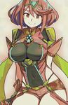  arms_behind_back breasts circlet covered_navel eric_muentes forehead_jewel hip_vent homura_(xenoblade_2) large_breasts looking_at_viewer red_eyes red_hair short_hair short_shorts shorts smile solo xenoblade_(series) xenoblade_2 