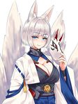  animal_ears azur_lane breasts cleavage cleavage_cutout collar eyebrows_visible_through_hair fox_ears fox_mask fox_tail hayama_kazusa highres holding holding_mask japanese_clothes kaga_(azur_lane) kimono kitsune large_breasts lips long_sleeves looking_at_viewer mask mask_removed parted_lips ribbon_trim shiny shiny_hair simple_background smile solo tail tassel tsurime underbust white_background wide_sleeves wristband 