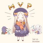  abigail_williams_(fate/grand_order) black_dress blonde_hair chibi closed_eyes dress fate/grand_order fate_(series) hat lavinia_whateley_(fate/grand_order) long_hair multiple_girls mvp open_mouth sleeves_past_wrists smile soukai_(lemonmaiden) stuffed_animal stuffed_toy teddy_bear very_long_hair 