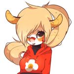  anthro black_fur blonde_hair breasts clothing crop_top cyzarinefredek dragon female fur furred_dragon hair hoodie horn looking_at_viewer one_eye_closed open_mouth shirt simple_background smile solo white_background white_fur wink 