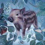  ambiguous_gender baby black_eyes boar brown_fur cub detailed_background feral flower fur leaves mammal nature oil_painting outside plant porcine portrait shjnam snow snowing solo standing tan_fur traditional_media_(artwork) winter young 