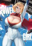  blonde_hair blue_eyes blue_gloves bodysuit breasts cameltoe cape character_name cleavage cleavage_cutout cloud covered_navel day dc_comics gloves hair_over_one_eye hand_on_hip highres huge_breasts lens_flare lifting_cars lips navel power_girl red_cape senria short_hair sky solo sunlight thighs tire 