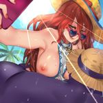  1girl armpits between_breasts blue_eyes breasts cellphone character_request commentary_request dr._mundo earrings grin hat heart heart-shaped_eyewear hoop_earrings jewelry large_breasts league_of_legends long_hair looking_at_viewer nail_polish nipples pd_(pdpdlv1) phone pool_party_miss_fortune purple_skin red_hair red_nails sarah_fortune self_shot smile sun sun_hat sunglasses wet 