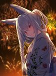  aerial_fireworks animal_ears animal_print bangs blurry blurry_background braid butterfly_print closed_mouth commentary_request depth_of_field eyebrows_visible_through_hair fireworks fox_ears fox_girl hair_between_eyes japanese_clothes kimono leaf_print long_hair original print_kimono red_eyes side_braid silver_hair smile solo white_kimono yukata yuuji_(yukimimi) 