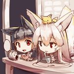  :d :t absurdly_long_hair animal animal_ears animal_on_head bangs barefoot bendy_straw black_hair blank_speech_bubble blunt_bangs chibi closed_mouth cup drinking drinking_glass drinking_straw eyebrows_visible_through_hair food fox fox_ears fox_girl fox_on_head fox_tail fruit hair_between_eyes holding holding_cup holding_food japanese_clothes kayari_buta kimono light_brown_hair long_hair multiple_girls on_head open_mouth original porch red_eyes sitting smile speech_bubble tail very_long_hair watermelon white_kimono yuuji_(yukimimi) 