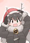  :d antlers bell coat eyebrows_visible_through_hair fur-trimmed_hat fur_collar fur_trim green_eyes hands_on_headwear hat heterochromia kemono_friends long_hair mittens multicolored_hair open_mouth red_eyes reindeer_(kemono_friends) reindeer_antlers rumenia_(ao2is) santa_hat smile solo 