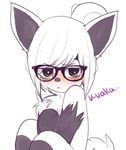 anthro black_fur blush canine chest_tuft cyzarinefredek eyewear female fur glasses green_eyes hair looking_at_viewer mammal multicolored_fur nude shy simple_background solo text tuft two_tone_fur white_background white_fur white_hair wolf 