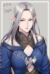  artist_name blue_eyes character_name copyright_name final_fantasy final_fantasy_xiv forehead grey_background long_hair looking_at_viewer mature milcho parted_lips pointy_ears purple_lips robe shiny shiny_hair signature silver_hair stitches tsurime upper_body v-shaped_eyebrows ysayle 