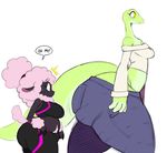  2018 anthro belly big_butt biped bra breasts butt caprine clothed clothing crop_top dialogue digital_media_(artwork) duo english_text female hair hi_res huge_butt joy_(sssonic2) lizard mammal midriff pink_hair reptile scalie sheep sheep_mom shirt simple_background slightly_chubby sports_bra sssonic2 text thick_thighs underwear voluptuous white_background yellow_eyes 