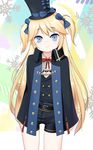  absurdres bangs belt belt_buckle black_belt black_cape black_hat black_shorts black_vest blonde_hair blue_bow blue_eyes bow bowtie buckle cape closed_mouth collared_shirt eyebrows_visible_through_hair girls_frontline hair_bow hat hat_bow highres light_smile long_hair looking_at_viewer note2000 red_neckwear shirt short_shorts shorts solo super_shorty_(girls_frontline) top_hat two_side_up very_long_hair vest white_shirt 
