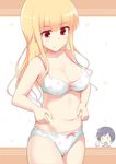  belly_grab blonde_hair blue_hair blush bra breasts food kamaboko koizumi_(ramen_daisuki_koizumi-san) large_breasts mocchi multiple_girls narutomaki navel oosawa_yuu panties print_bra print_panties ramen_daisuki_koizumi-san red_eyes short_hair sweat underwear underwear_only white_bra white_panties yuri 