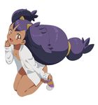 bare_legs blue_hair breasts brown_eyes dark_skin full_body hair_ornament iris_(pokemon) kijouyu kneeling long_hair long_sleeves looking_at_viewer no_bra no_pants open_clothes open_mouth pokemon pokemon_(game) pokemon_bw small_breasts smile solo unbuttoned unbuttoned_shirt very_long_hair 