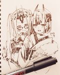  :d bangs blush closed_mouth dated facial_mark fang fang_out fate/grand_order fate_(series) glasses graphite_(medium) head_tilt highres holding_hands horns ibaraki_douji_(fate/grand_order) long_hair looking_at_viewer monochrome multiple_girls oni oni_horns open_mouth sepia short_hair shuten_douji_(fate/grand_order) smile sofra traditional_media twintails 
