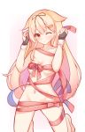  1girl ass_visible_through_thighs bangs barefoot blonde_hair blush breasts cleavage closed_mouth collarbone commentary_request eyebrows_visible_through_hair frown gradient gradient_background groin hair_flaps hair_ornament hairclip head_tilt highres kantai_collection kneeling long_hair naked_ribbon navel one_eye_closed red_eyes remodel_(kantai_collection) ribbon scarlet_dango small_breasts solo stomach tareme white_background yuudachi_(kantai_collection) 