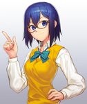  blue_eyes blue_hair bow bowtie breasts ciel glasses hair_between_eyes hand_on_hip hand_up highres index_finger_raised looking_at_viewer medium_breasts randle school_uniform shirt sidelocks simple_background smile solo sweater_vest tsukihime upper_body 