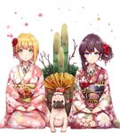  absurdres bamboo black_hair blonde_hair blue_eyes chinese_zodiac dog eyebrows_visible_through_hair fan floral_print flower green_eyes hair_flower hair_ornament hand_on_lap highres ichinose_shiki idolmaster idolmaster_cinderella_girls japanese_clothes kadomatsu kanzashi kimono lazy_lazy_(idolmaster) looking_at_viewer miyamoto_frederica multiple_girls nail_polish new_year red_nails ryuu. sash seiza side_ponytail sitting smile tsumami_kanzashi year_of_the_dog 