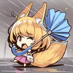  animal_ears bag bangs barefoot blonde_hair blue_umbrella broken_umbrella chibi day eyebrows_visible_through_hair fox_ears fox_girl fox_tail hair_between_eyes handbag holding holding_umbrella one_eye_closed open_mouth original outdoors pink_skirt pleated_skirt rain red_eyes reflection shirt skirt sleeveless sleeveless_shirt solo standing tail tears umbrella water wavy_mouth wet white_shirt wind yuuji_(yukimimi) 