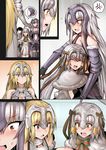  3girls ahoge anger_vein armor blonde_hair blush breasts brown_eyes chaldea_combat_uniform cleavage comic commentary eyebrows_visible_through_hair faceless faceless_male fate/grand_order fate_(series) fujimaru_ritsuka_(male) gauntlets ginhaha headdress hug jeanne_d'arc_(alter)_(fate) jeanne_d'arc_(fate)_(all) jeanne_d'arc_alter_santa_lily long_hair medium_breasts multiple_girls open_mouth pregnant purple_eyes silver_hair smile sweat tears very_long_hair wavy_mouth 